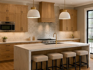 Remodeled kitchen with oak cabinetry, a quartz island and brass pendant lighting