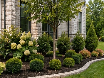 New landscape beds with layered plantings, stone edging and an ornamental tree