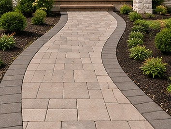 Curved paver walkway leading to a home entry with landscaped borders