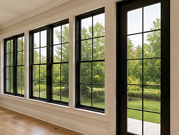 Wall of new black-framed replacement windows and a patio door